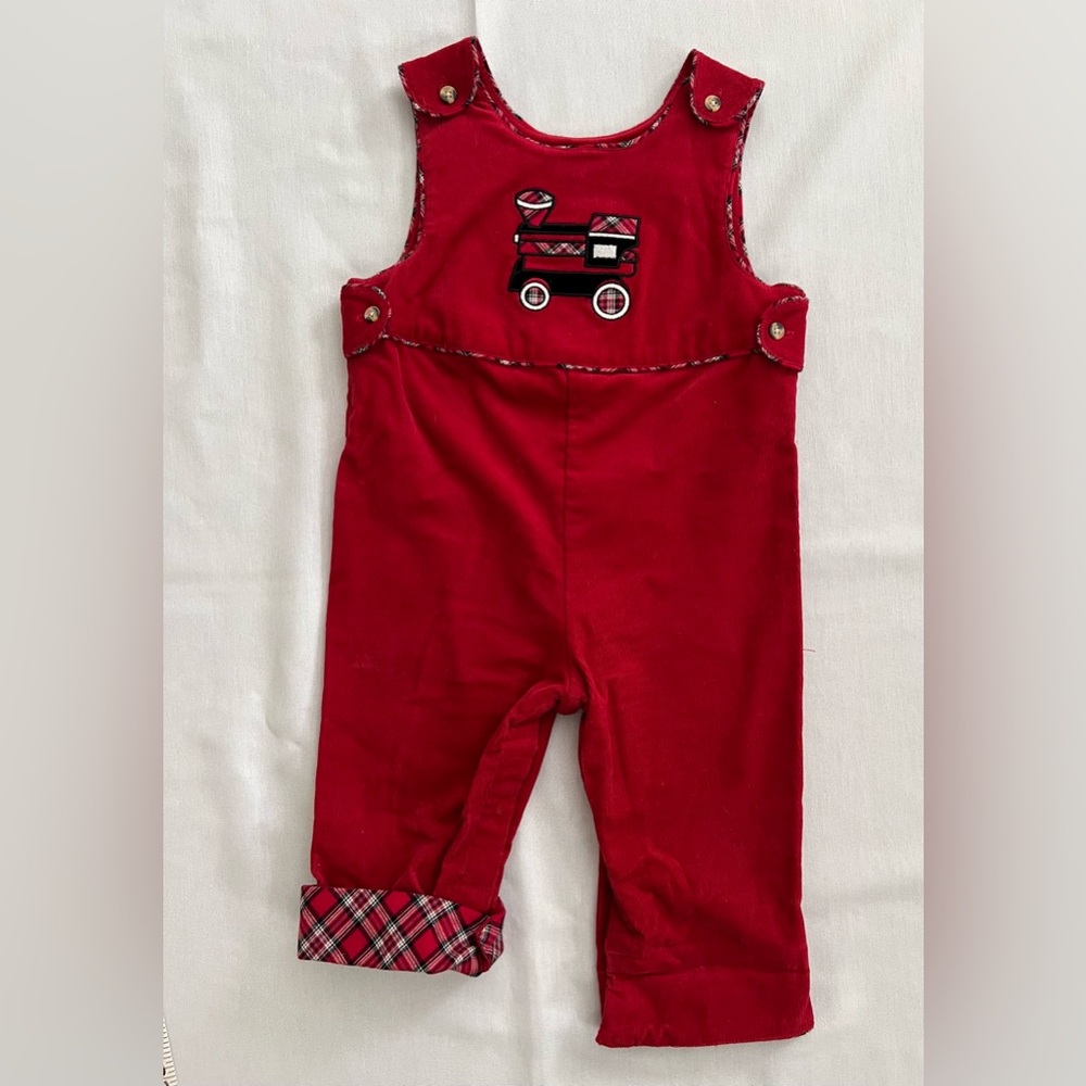 Talbots Kids Red Corduroy Overalls Longall with Train Design 9M boys